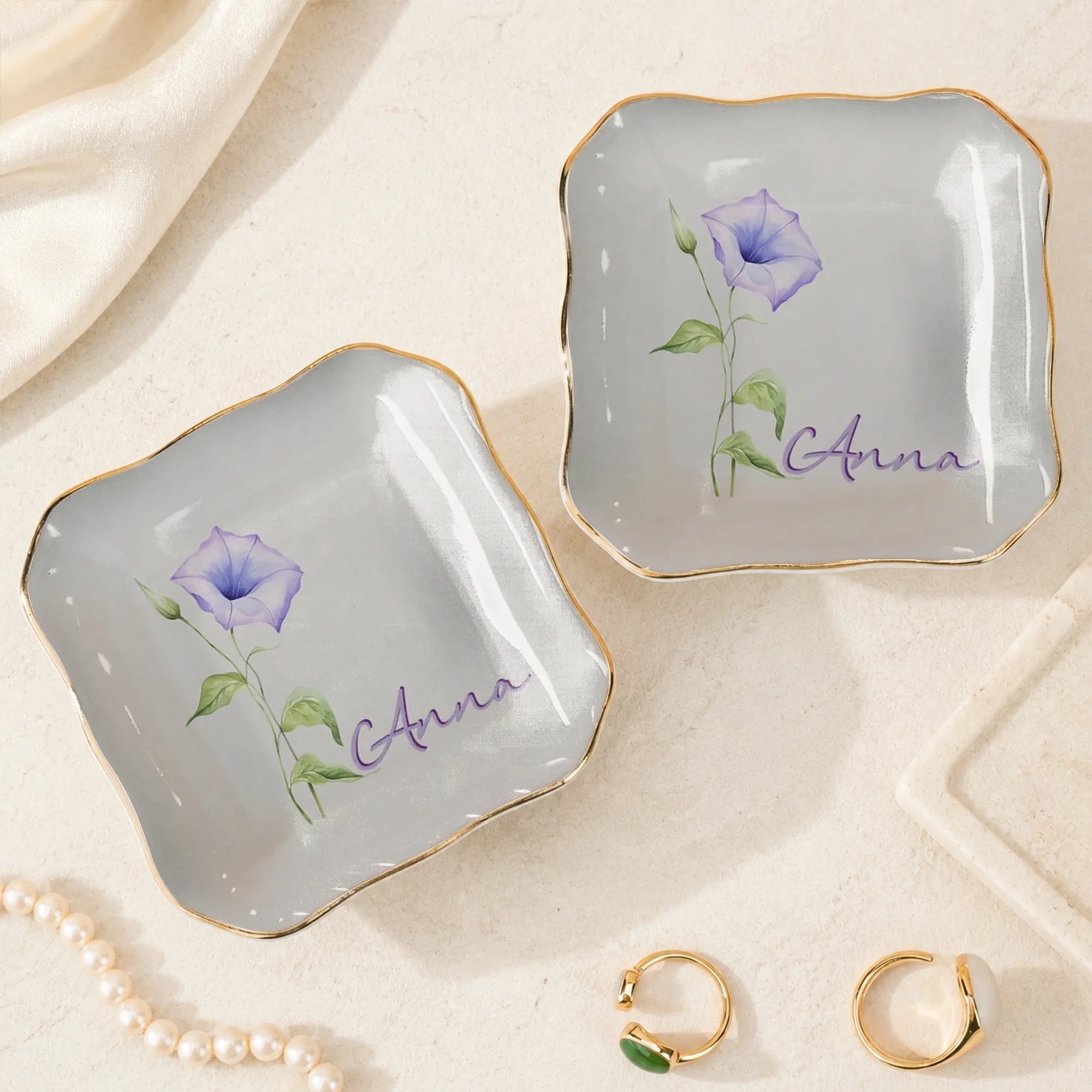Morning Glory Floral Trinket Dish, Personalized Ceramic Ring Dish Jewelry Tray, Botanical Vanity Catchall Gift for Her