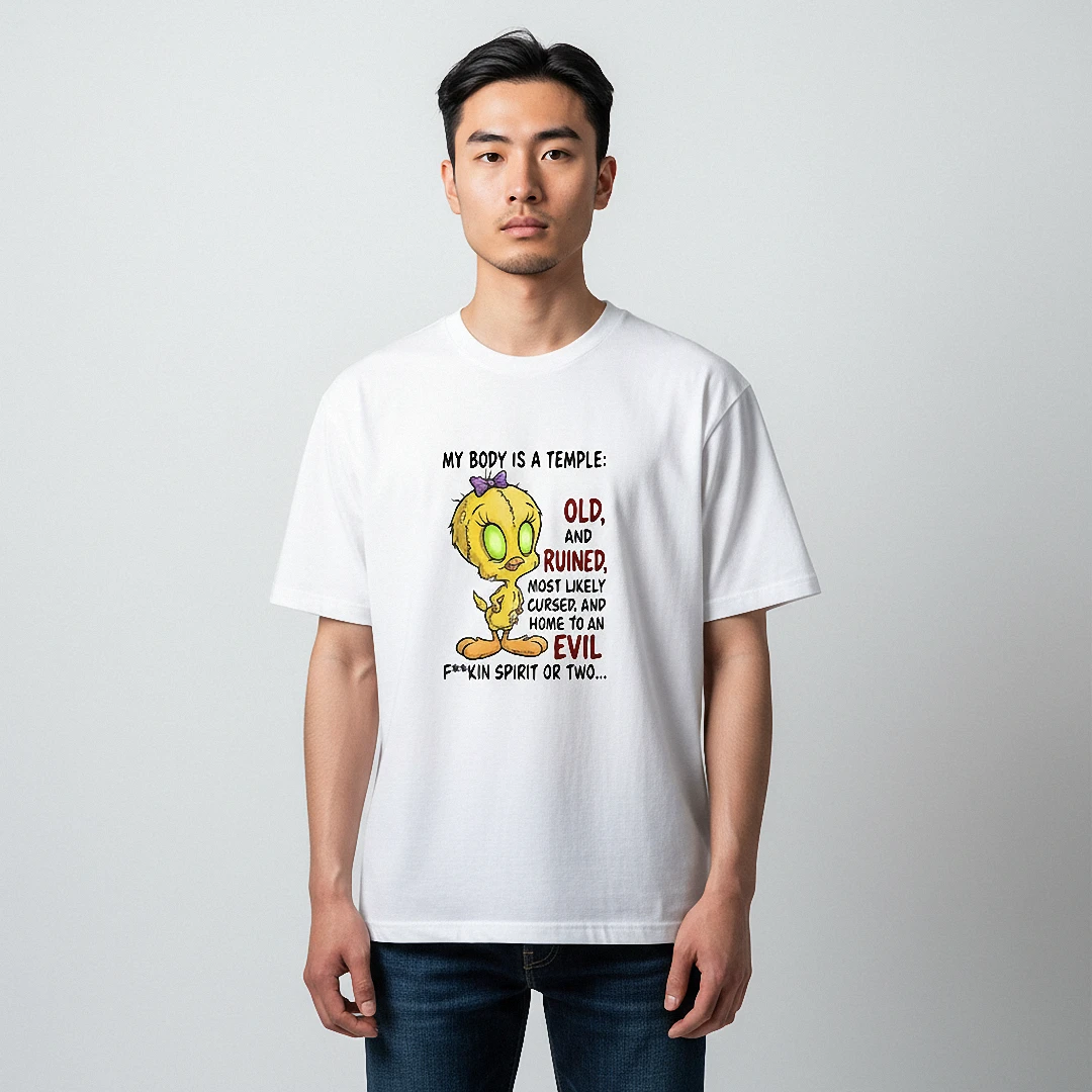My Body Is a Temple Old and Ruined Tee Sarcastic Evil Spirit — Los Angeles My Body Is a Temple Old and Ruined Tee Sarcastic Evil Spirit Dark Humor Graphic T-Shirt available at our Los Angeles warehouse