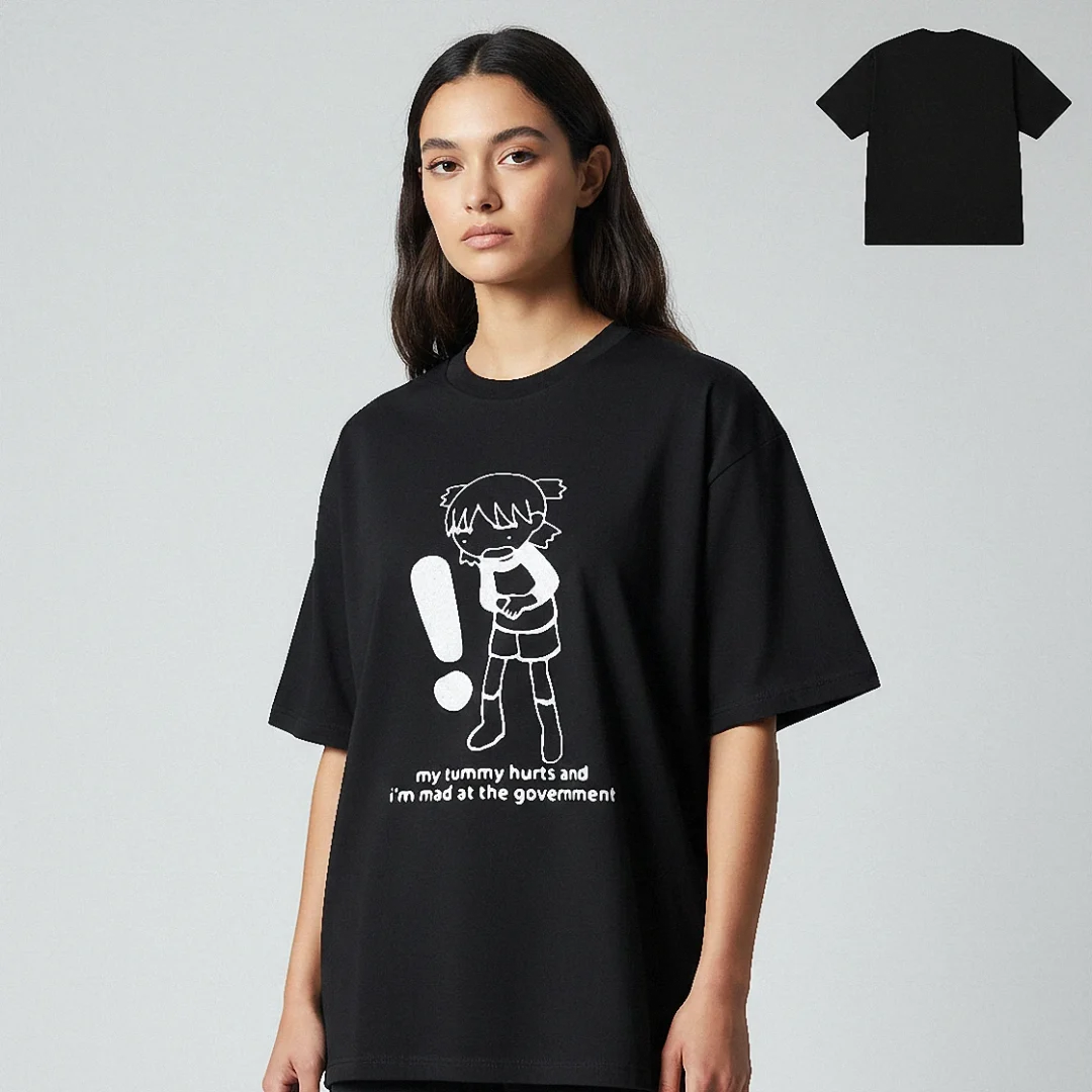 My Tummy Hurts And I'm Mad At The Government Tee, Funny Anime Meme Yotsuba Graphic T-Shirt available at our Los Angeles warehouse