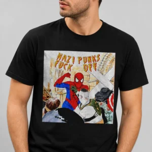 Nazi Punks Fuck Off Spider-Man Anti-Fascist Graphic Tee, Vintage Punk Rock Comic Shirt available at our Los Angeles warehouse