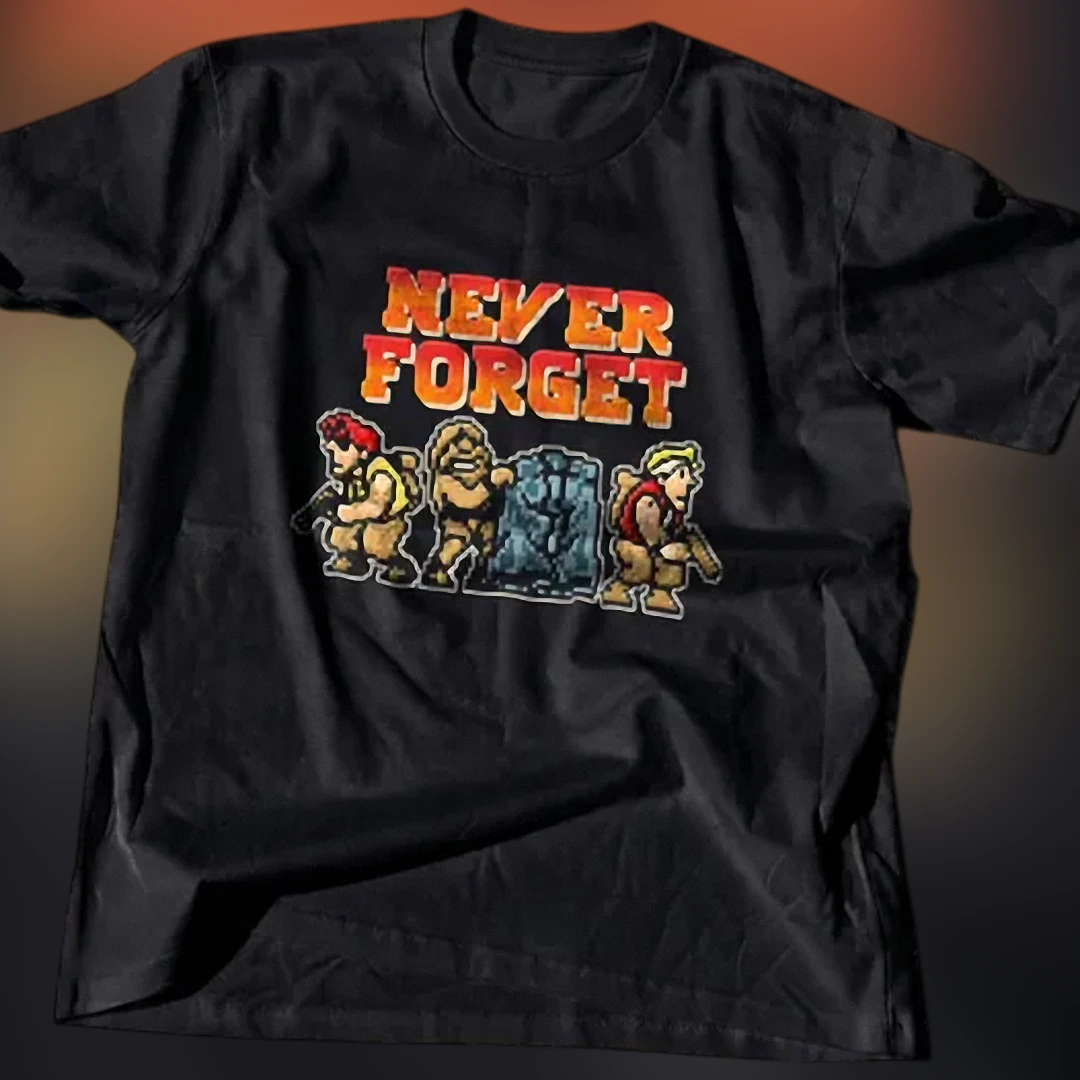 Never Forget Retro Pixel Arcade Tee, Metal Slug Soldiers Gaming Graphic T-Shirt for Men and Women available at our Los Angeles warehouse