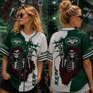 New York Jets Grateful Dead Baseball Jersey Skeleton Roses Retro Fan Gift