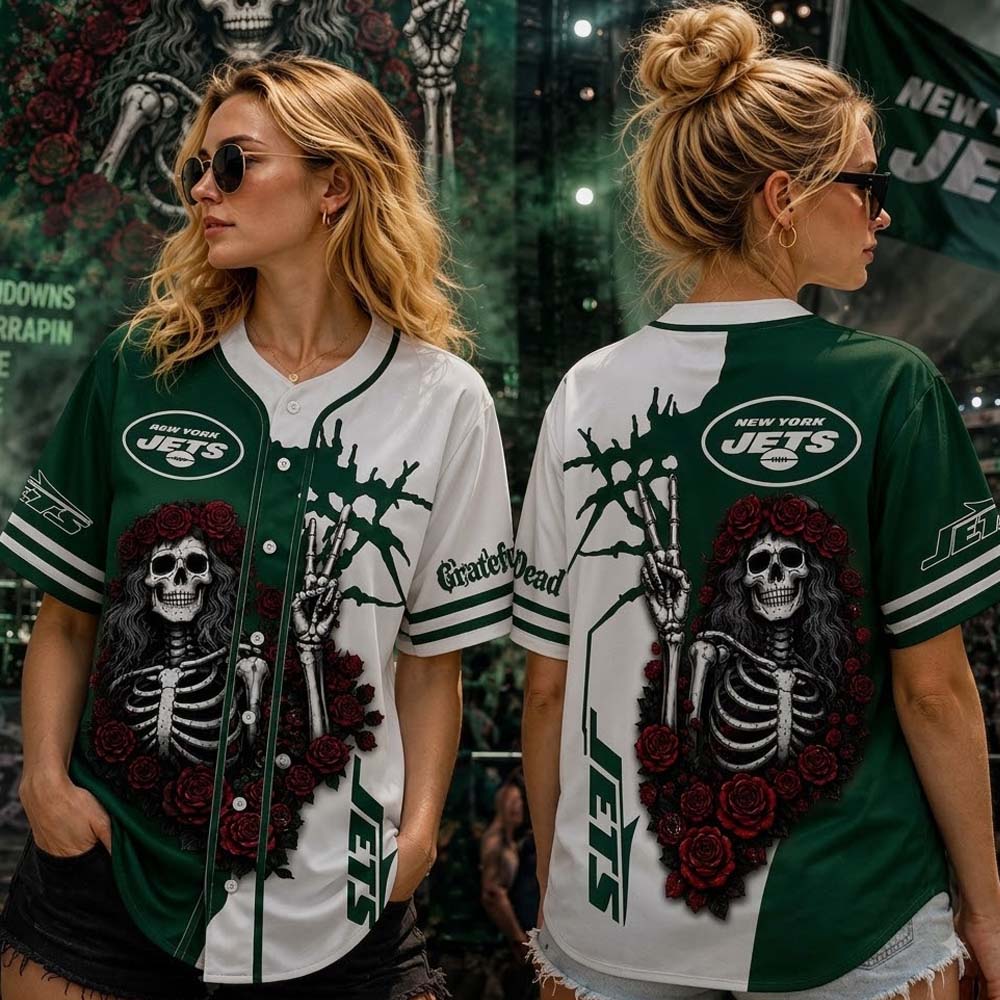 New York Jets Grateful Dead Baseball Jersey Skeleton Roses Retro Fan Gift