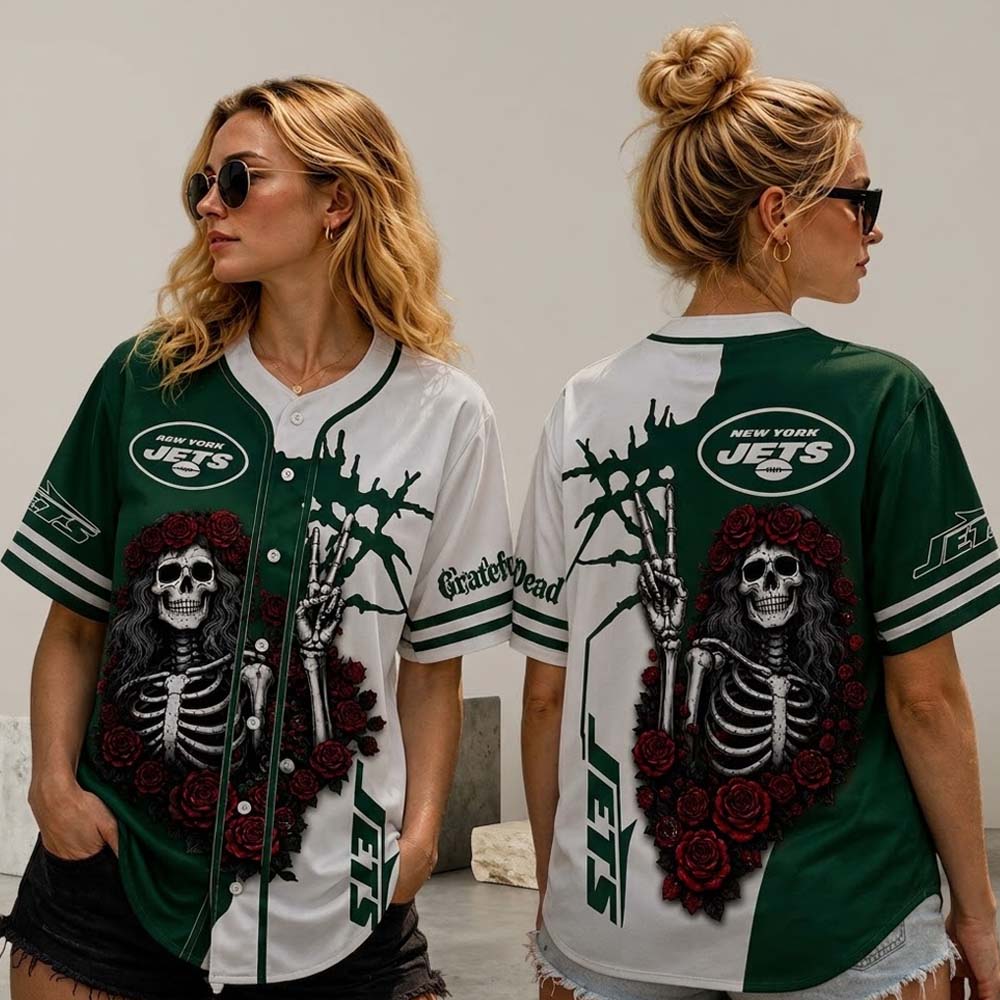 New York Jets Grateful Dead Baseball Jersey Skeleton Roses Retro Fan Gift