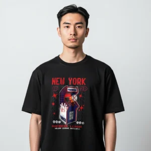 New York Retro Arcade Baseball Tee, American League 8-Bit Gaming Graphic Shirt for Fans available at our Los Angeles warehouse