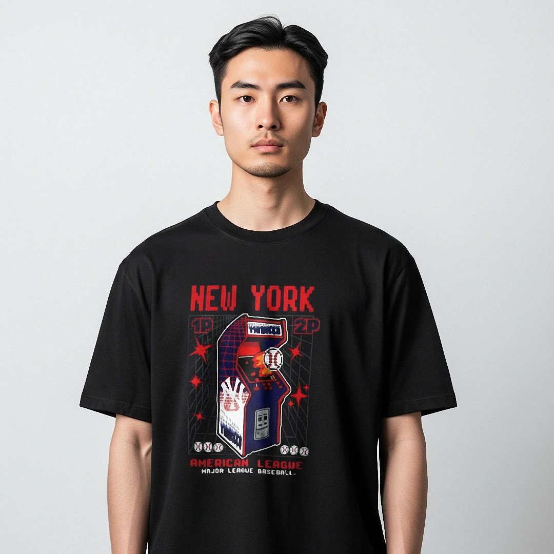 New York Retro Arcade Baseball Tee, American League 8-Bit Ga — Los Angeles New York Retro Arcade Baseball Tee, American League 8-Bit Gaming Graphic Shirt for Fans available at our Los Angeles warehouse
