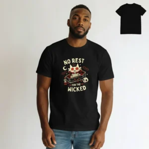 No Rest for the Wicked Vampire Cat Tee, Spooky Gothic Halloween Graphic T-Shirt for Men and Women available at our Los Angeles warehouse