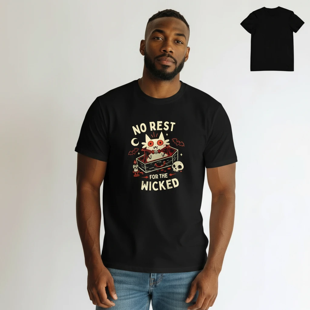 No Rest for the Wicked Vampire Cat Tee, Spooky Gothic Halloween Graphic T-Shirt for Men and Women available at our Los Angeles warehouse