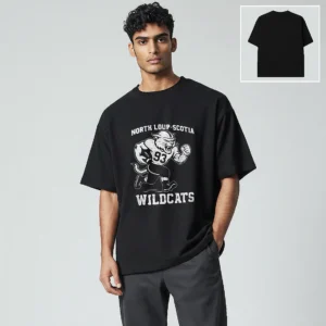 North Loup-Scotia Wildcats Tee Vintage Mascot Football Player Graphic T-Shirt available at our Los Angeles warehouse