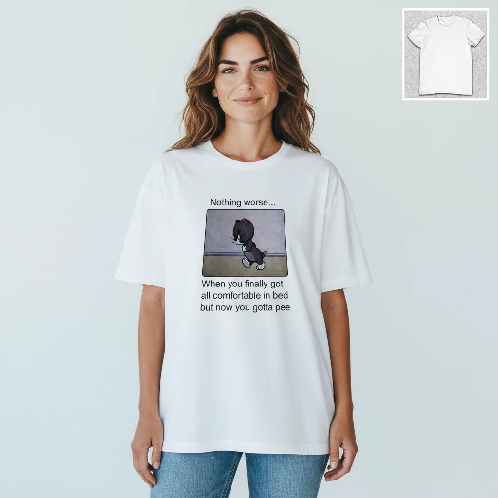 Nothing Worse When You Finally Got Comfortable in Bed Tee, Relatable Cartoon Cat Humor Shirt available at our Los Angeles warehouse