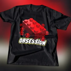 Obsession Tee Red Building Block Graphic T-Shirt for Toy Fans available at our Los Angeles warehouse