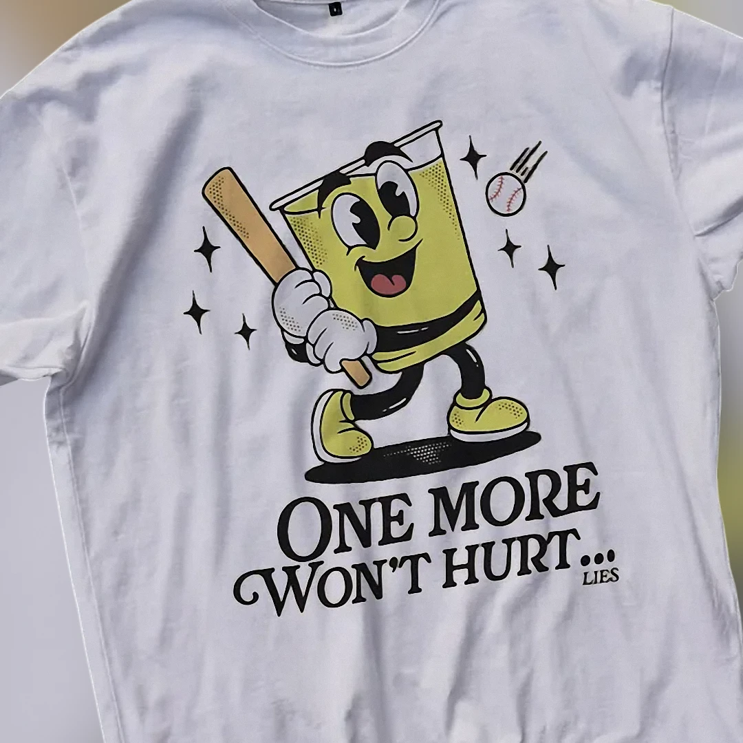 One More Won't Hurt Lies Retro Cartoon Tee, Funny Drinking Sarcasm Alcohol Graphic T-Shirt