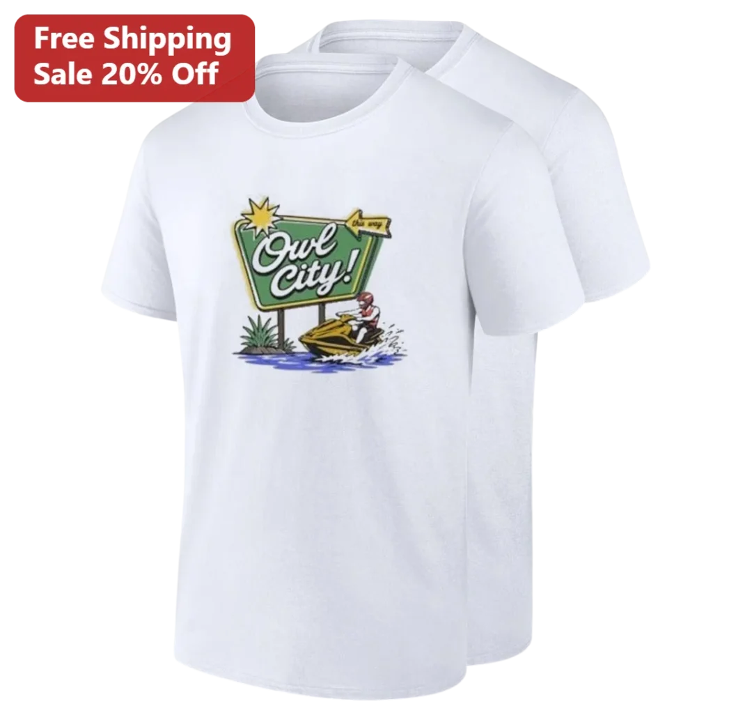 Owl City Tee Retro Tropical Beach Signpost Graphic Shirt Gift for Synth-Pop Music Fans available at our Los Angeles warehouse