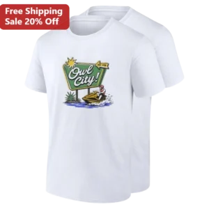 Owl City Tee Retro Tropical Beach Signpost Graphic Shirt Gift for Synth-Pop Music Fans available at our Los Angeles warehouse