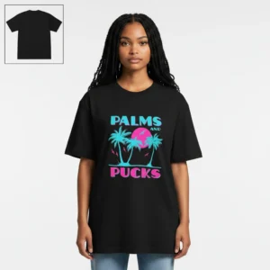 Palms And Pucks Retro Hockey Graphic Tee, Vintage Beach Sunset Sports Fan Shirt, Cool Vacation Appar available at our Los Angeles warehouse