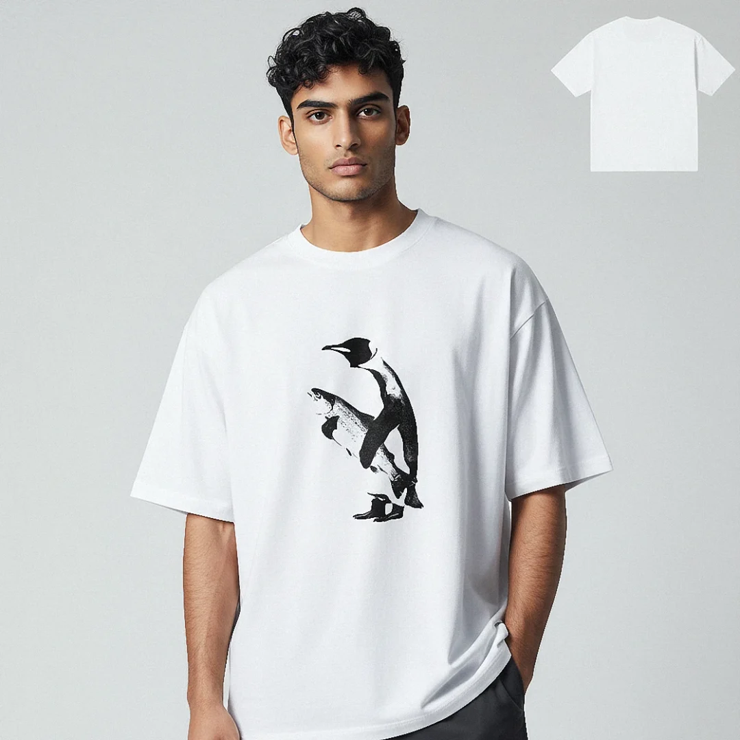 Penguin Holding A Fish Graphic Tee Minimalist Black And Whit — Los Angeles Penguin Holding A Fish Graphic Tee Minimalist Black And White Animal Art T-Shirt available at our Los Angeles warehouse