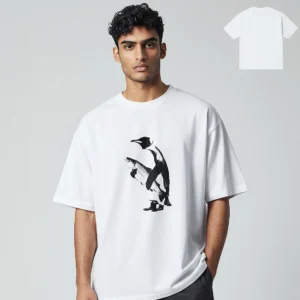 Penguin Holding A Fish Graphic Tee Minimalist Black And White Animal Art T-Shirt available at our Los Angeles warehouse
