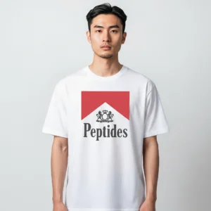 Peptides Tee Funny Gym Parody Logo Graphic T-Shirt for Fitness and Bodybuilding Lovers available at our Los Angeles warehouse