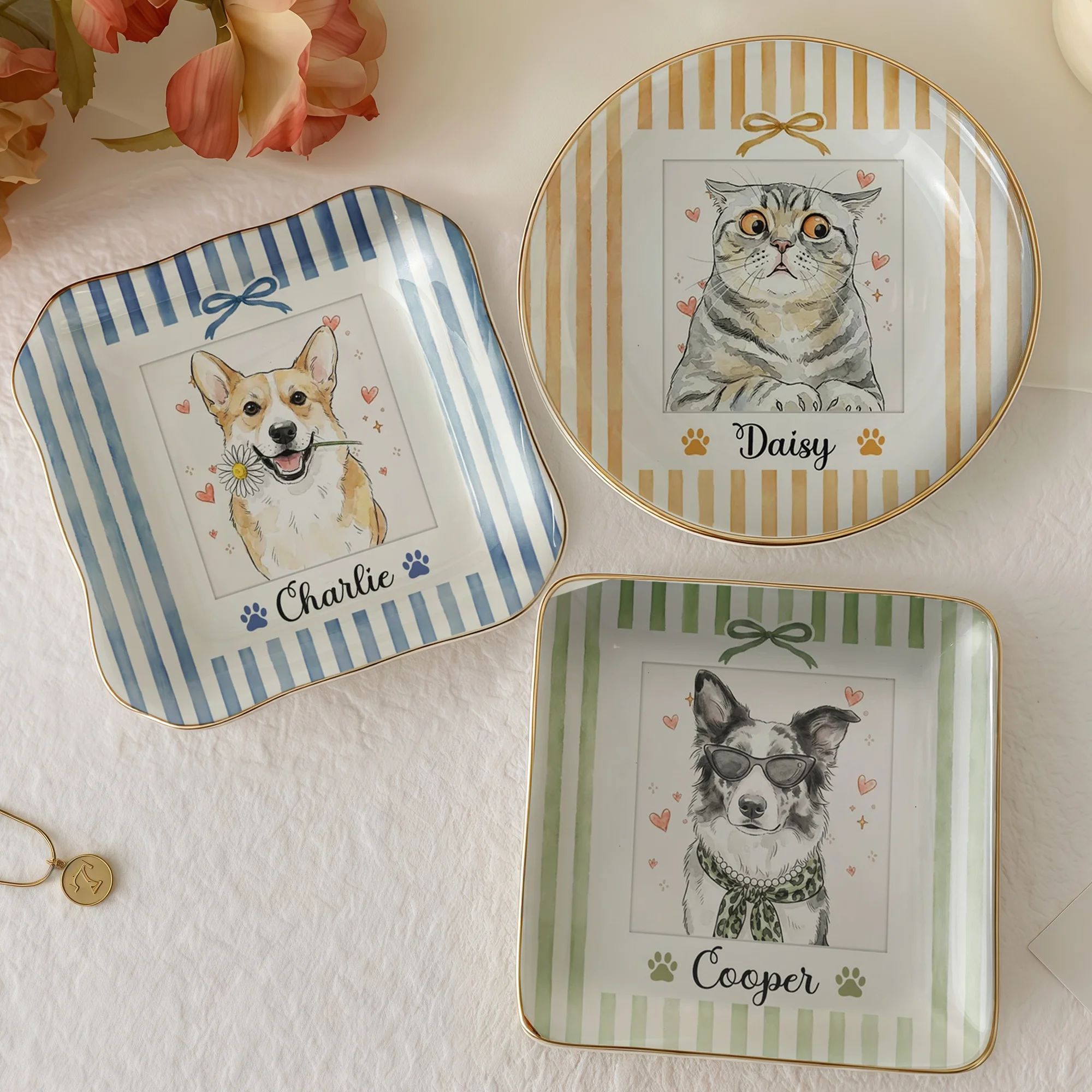 Personalized Pet Portrait Ceramic Trinket Dish Custom Cat Dog Jewelry Tray Pet Memorial Keepsake Gift