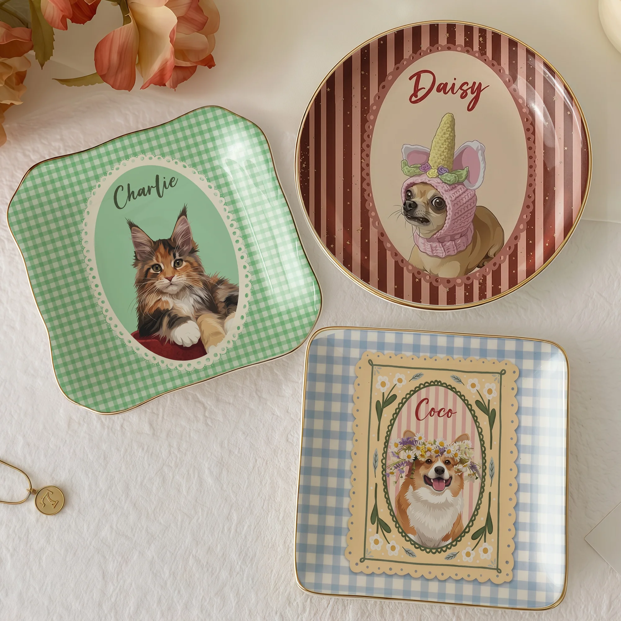 Personalized Pet Portrait Trinket Dish Custom Ceramic Jewelry Ring Tray Keepsake Catchall Dish Gift for Dog Cat Lover