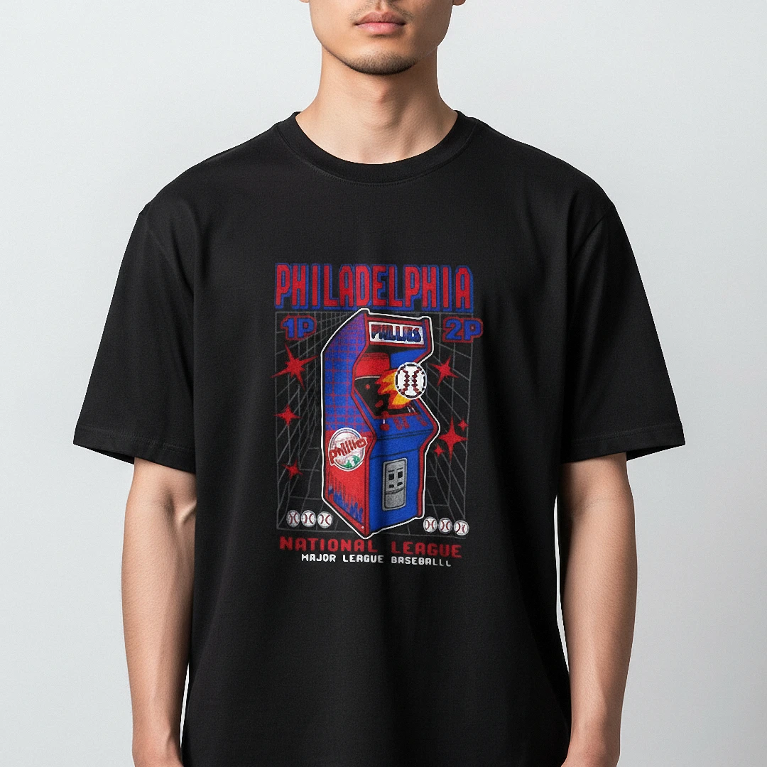 Philadelphia Baseball Arcade Retro Graphic Tee, Vintage 8-bi — Los Angeles Philadelphia Baseball Arcade Retro Graphic Tee, Vintage 8-bit Video Game National League Shirt available at our Los Angeles warehouse