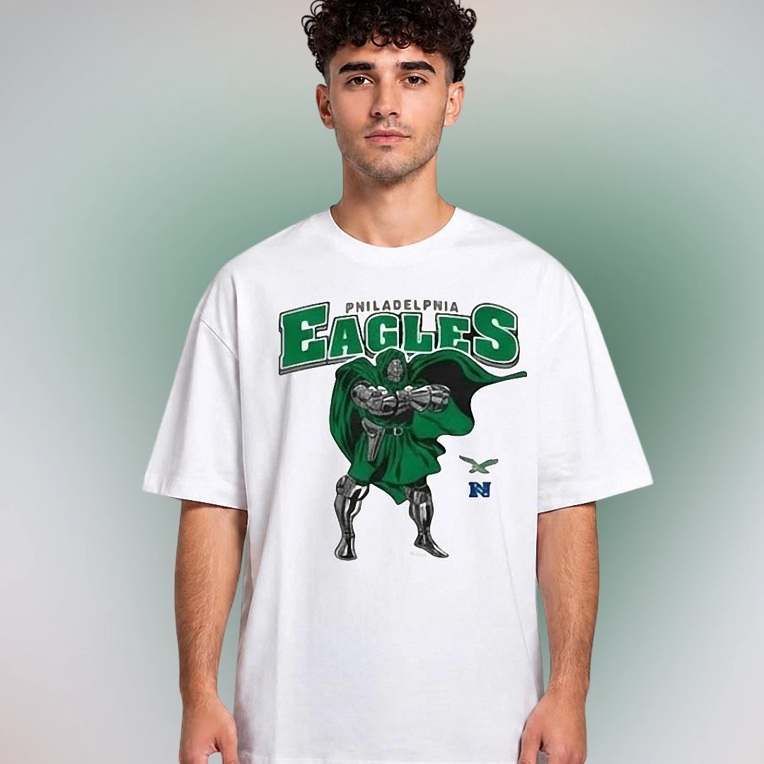 Philadelphia Eagles Doctor Doom Vintage Mashup Tee, Retro Comic Football Fan Graphic Shirt available at our Los Angeles warehouse