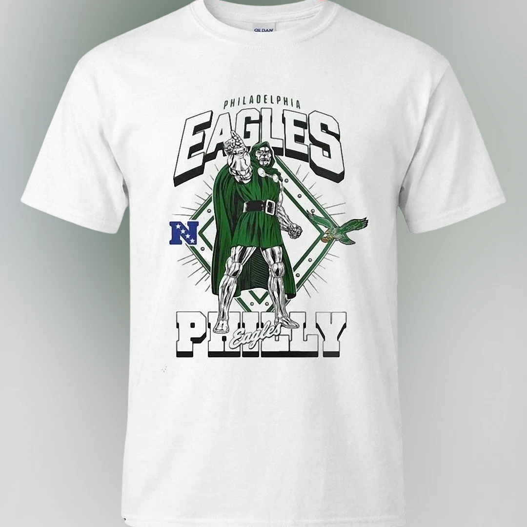 Philadelphia Eagles Philly Doctor Doom Graphic Tee, Retro Football Mashup Shirt for Fans available at our Los Angeles warehouse