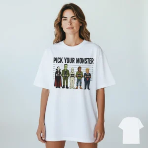 Pick Your Monster Tee Funny Halloween Trump Mugshot Political Satire Graphic Shirt available at our Los Angeles warehouse