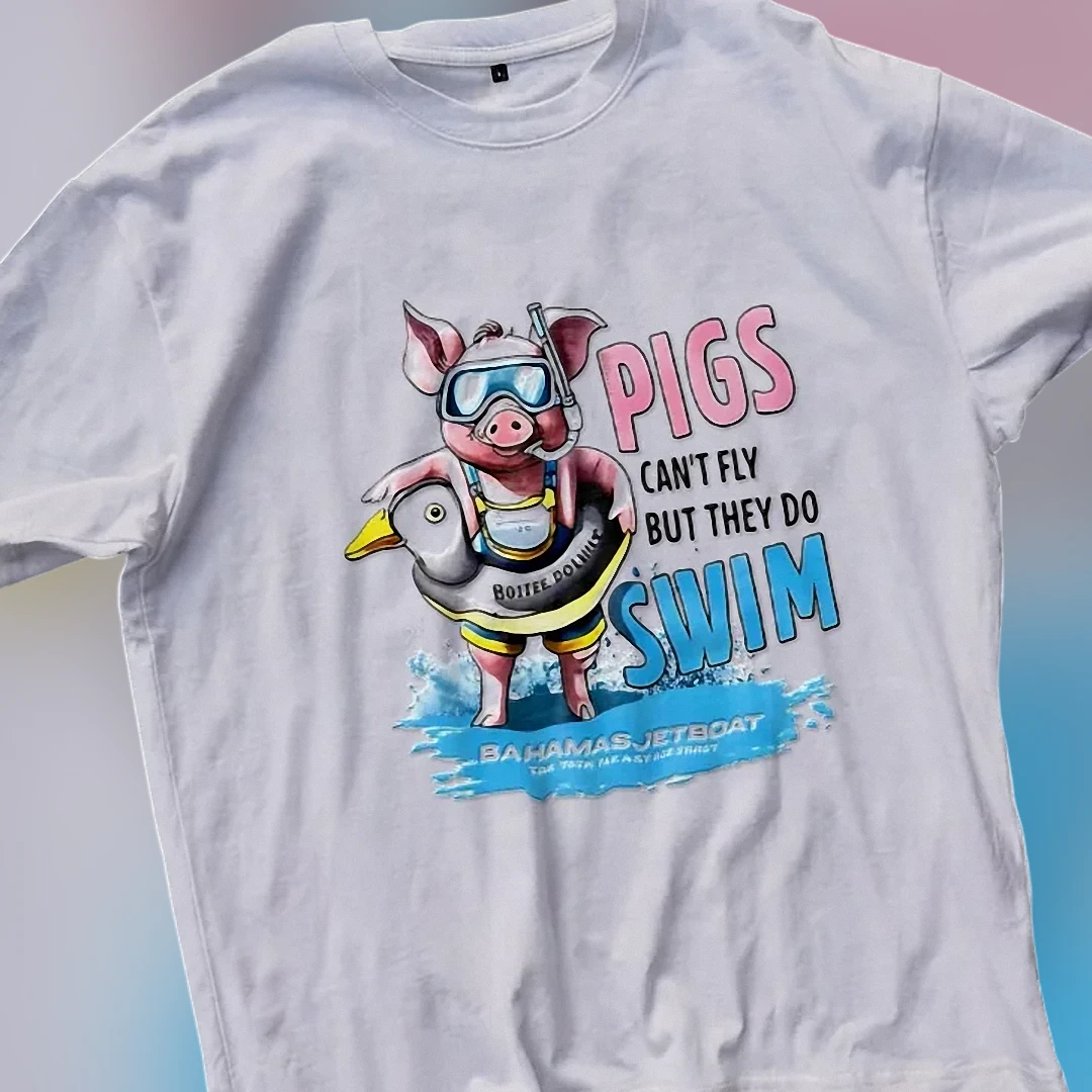 Pigs Can't Fly But They Do Swim Tee, Cute Swimming Pig Graph — Los Angeles Pigs Can't Fly But They Do Swim Tee, Cute Swimming Pig Graphic T-Shirt for Summer Vacation available at our Los Angeles warehouse