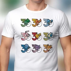 Pokemon 30th Anniversary Pixel Art Graphic Tee Retro 8-Bit Gaming Shirt Fan Gift