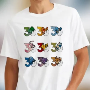 Pokémon Pixel Art 30th Anniversary Graphic Tee, Retro 90s Video Game Nostalgia T-Shirt Gift for Gamers