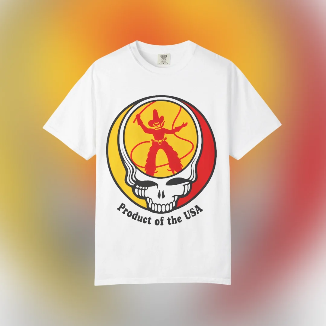 Product of the USA Tee Vintage Western Cowboy Skull Graphic — Los Angeles Product of the USA Tee Vintage Western Cowboy Skull Graphic Shirt available at our Los Angeles warehouse