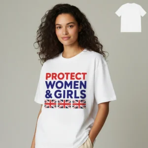 Protect Women Girls Tee UK Union Jack Rights Advocacy T-Shirt available at our Los Angeles warehouse