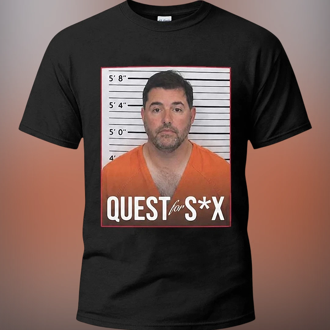QUEST for S*X Mugshot Tee, Funny Novelty Graphic Prison T-Shirt Gag Gift available at our Los Angeles warehouse