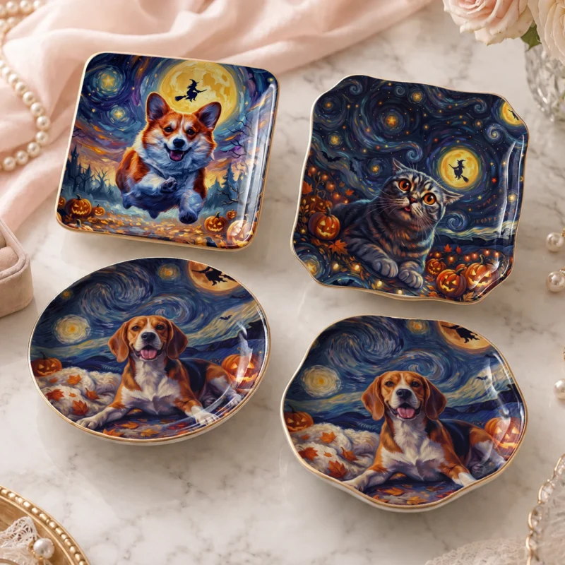 Cat and Corgi Halloween Jewelry Dish, Starry Night Ceramic Ring Holder Trinket Tray, Cute Pet Lover Gift