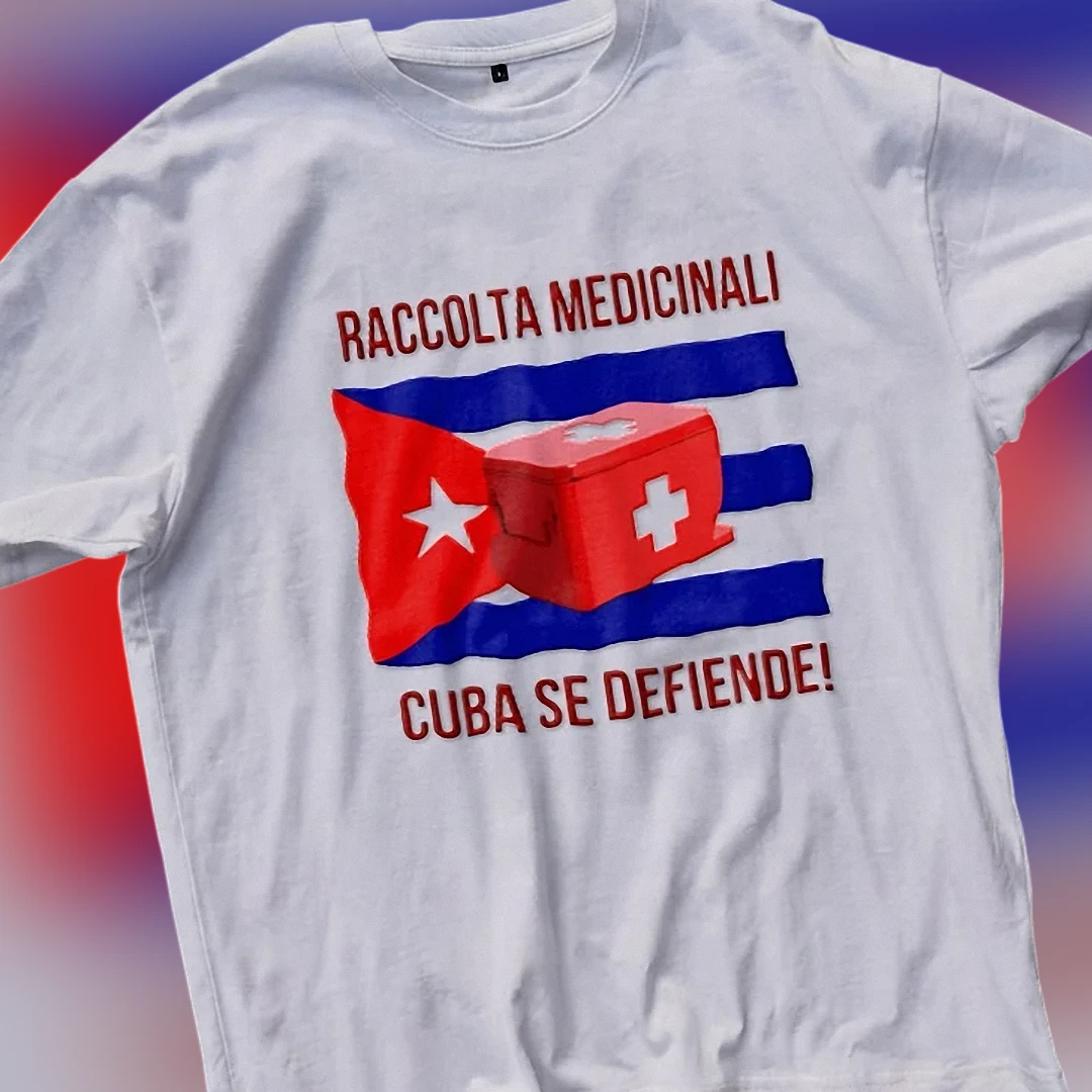 Raccolta Medicinali Cuba Se Defiende Tee Solidarity Medical Aid Cuban Flag T-Shirt available at our Los Angeles warehouse