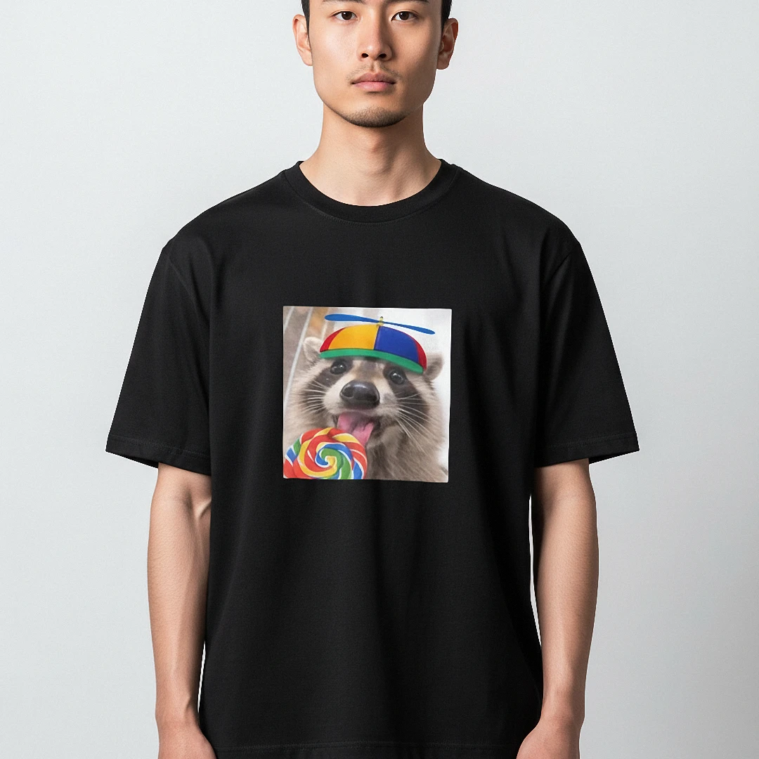 Raccoon With Lollipop And Propeller Hat Graphic Tee, Funny A — Los Angeles Raccoon With Lollipop And Propeller Hat Graphic Tee, Funny Animal Meme Shirt Gift available at our Los Angeles warehouse