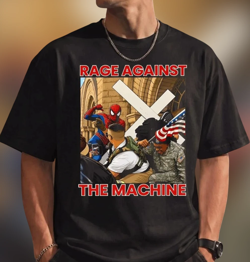 Rage Against The Machine Spider-Man Graphic Tee, Edgy Rock Music Pop Culture Protest Shirt Gift available at our Los Angeles warehouse