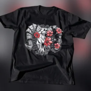 Ram Skull Floral Graphic Tee, Gothic Botanical Ram Horns Shirt, Dark Cottagecore Skull T-Shirt available at our Los Angeles warehouse