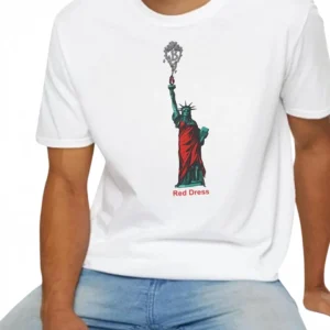 Red Dress Statue of Liberty Graphic Tee Pop Art NYC Fashion T-Shirt available at our Los Angeles warehouse