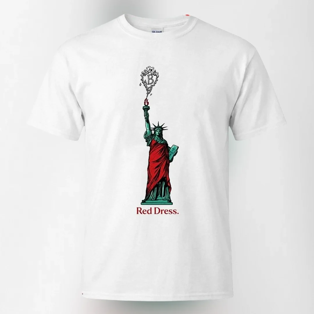 Red Dress Tee Statue of Liberty Graphic NYC Landmark Art T-Shirt available at our Los Angeles warehouse