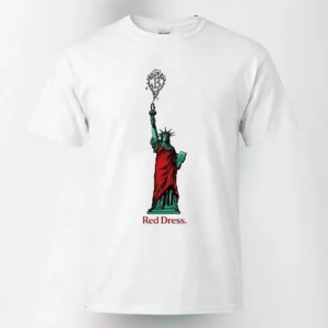 Red Dress Tee Statue of Liberty Graphic NYC Landmark Art T-Shirt available at our Los Angeles warehouse