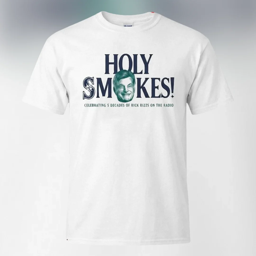 Rick Rizzs Holy Smokes Celebrating 5 Decades on the Radio Tee, Seattle Baseball Broadcaster Tribute available at our Los Angeles warehouse