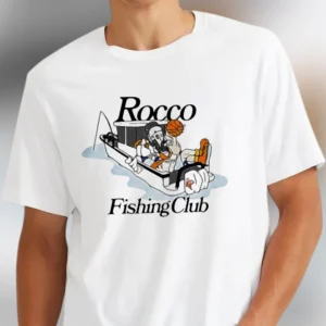 Rocco Fishing Club Graphic Tee, Vintage Angler Mascot Shirt, Fisherman Gift Tee