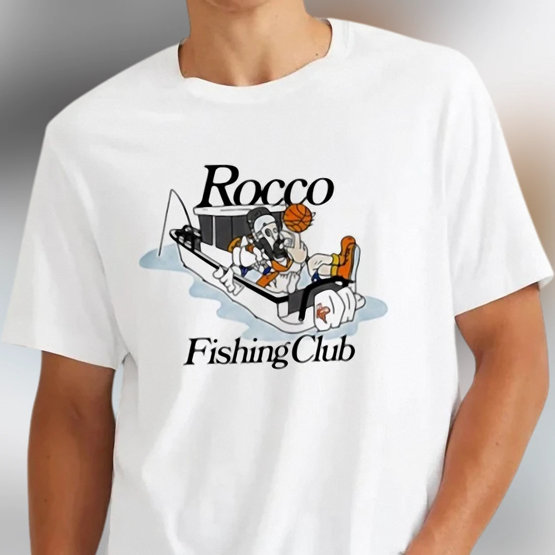 Rocco Fishing Club Graphic Tee, Vintage Angler Mascot Shirt, Fisherman Gift Tee