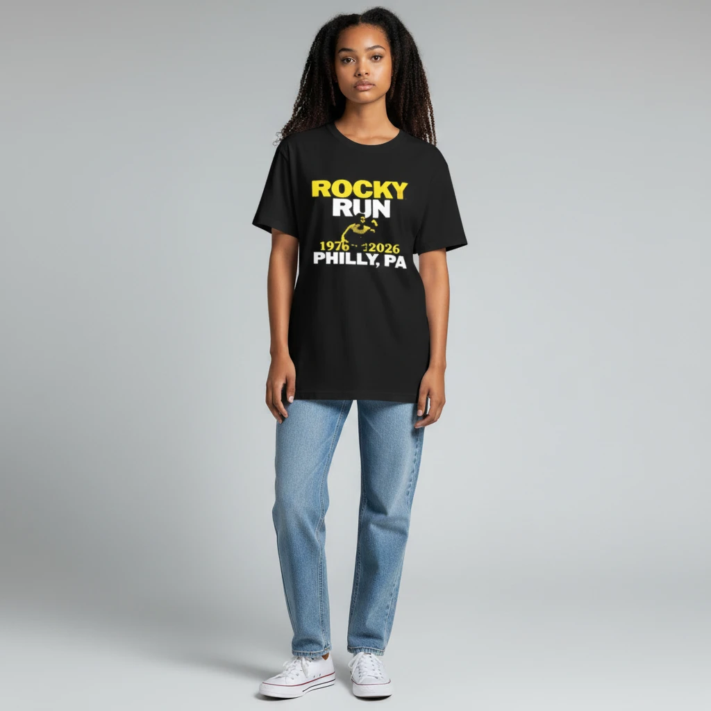 Rocky Run 1976 2026 Philly PA Graphic Tee, Vintage Philadelphia Marathon Running Balboa Fan Shirt available at our Los Angeles warehouse