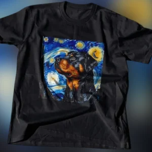 Rottweiler Starry Night Art Tee Van Gogh Style Dog Painting Shirt available at our Los Angeles warehouse
