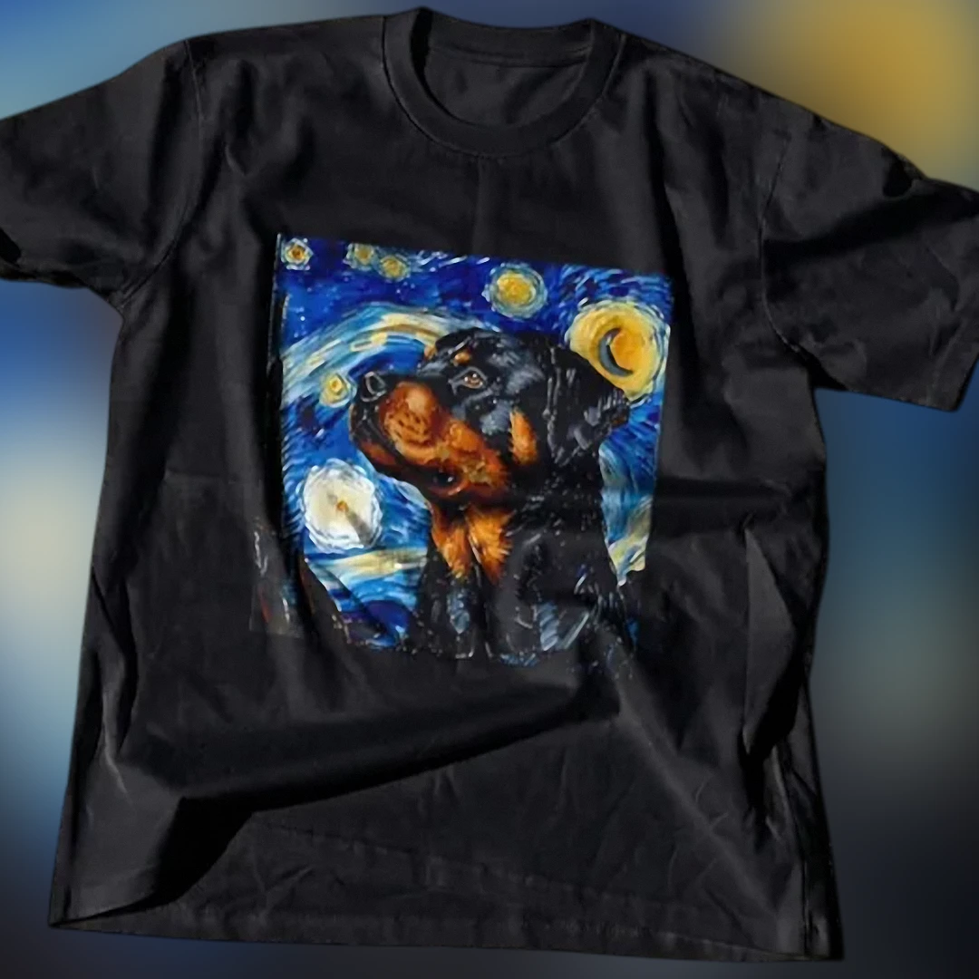Rottweiler Starry Night Art Tee Van Gogh Style Dog Painting Shirt available at our Los Angeles warehouse