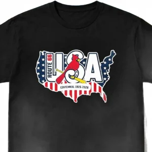 Route 66 USA Centennial 1926-2026 Tee, Cardinal Baseball Road Trip Graphic Shirt, Vintage 100th Anniversary Souvenir Gift