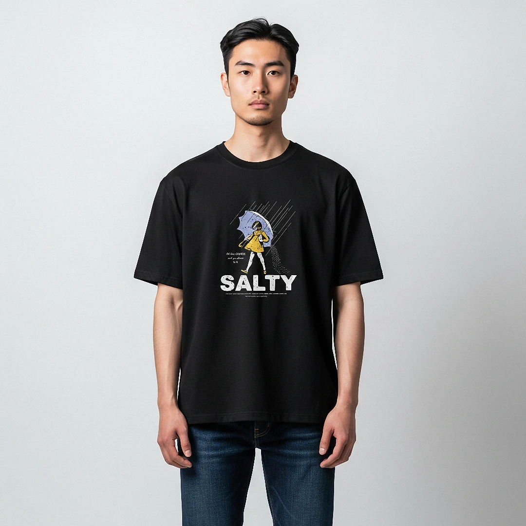Salty Tee Morton Girl Umbrella Raincoat Graphic T-Shirt for Men and Women available at our Los Angeles warehouse